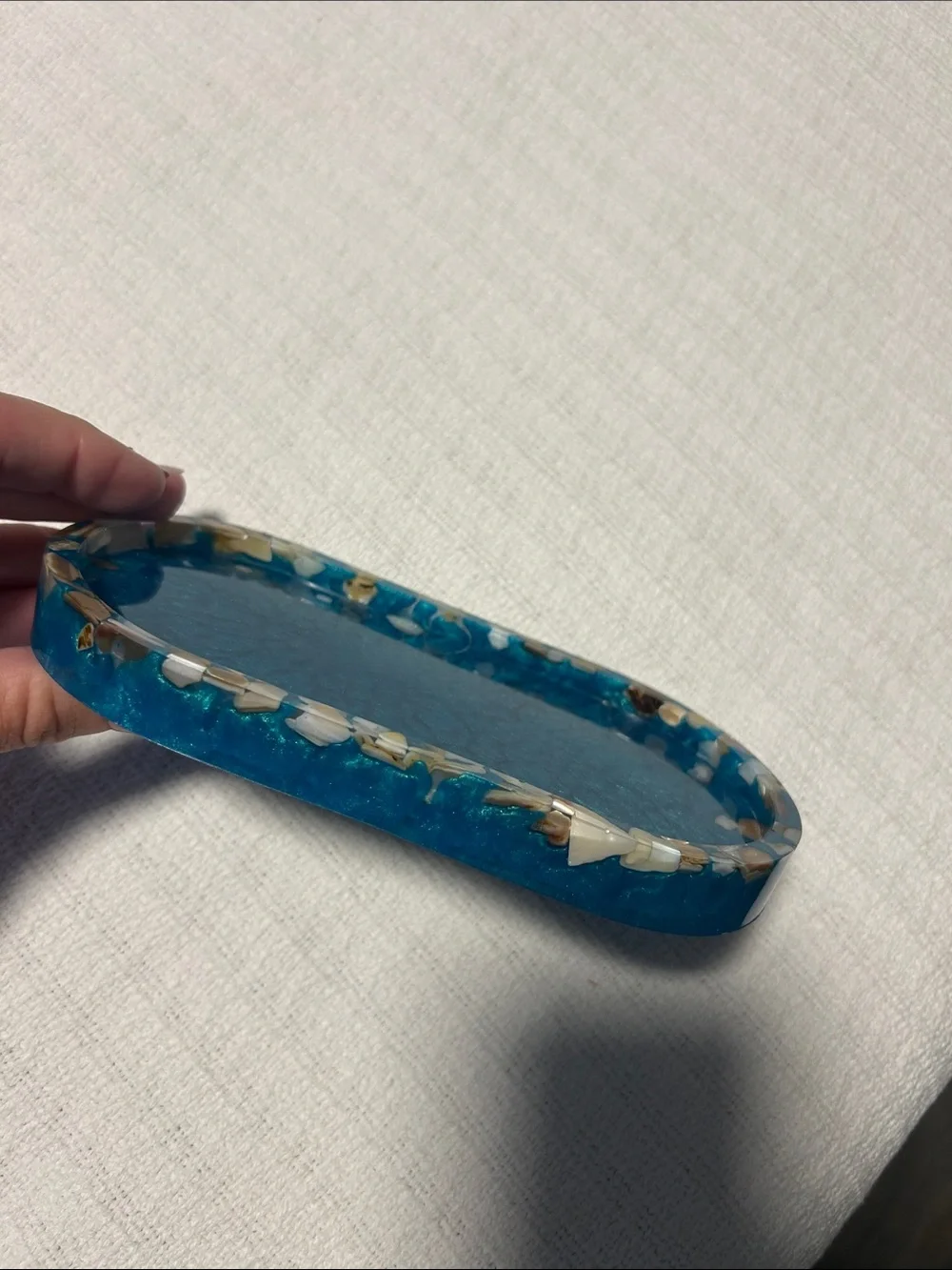 Handcrafted Teal Resin Jewelry Tray with Shell Inlay